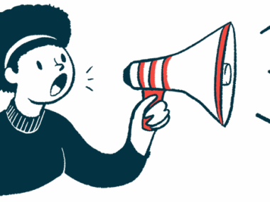 A woman speaks with a megaphone in this announcement illustration.