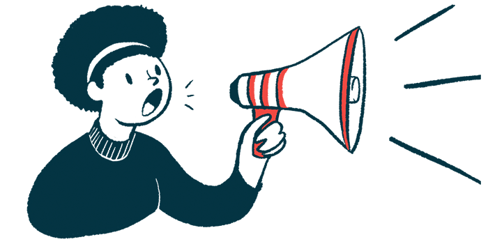 A woman speaks with a megaphone in this announcement illustration.