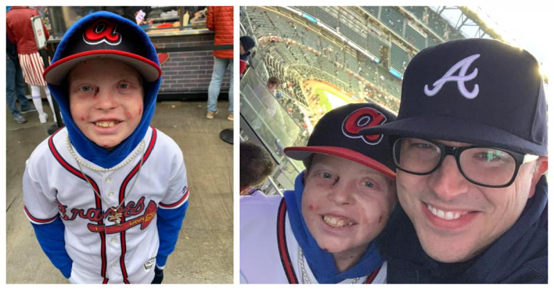 gratitude | Epidermolysis Bullosa News | A 2-photo collage of Jonah and his dad at game 4 of the 2021 World Series. Both are decked out in their Atlanta Braves clothes and hats, and smiling. 