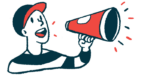 This is an illustration of person wearing a cap and holding a cone-shaped megaphone.