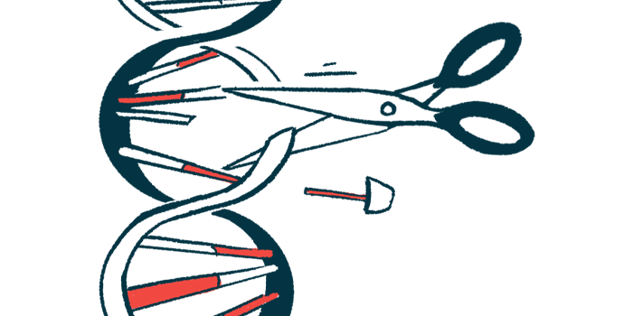 A pair of scissors cuts a single rung of a DNA strand.