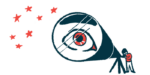 A person looks at stars through a telescope, with their eye greatly magnified in the lens.
