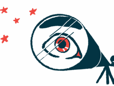 A person looks at stars through a telescope, with their eye greatly magnified in the lens.