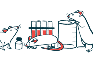 A trio of mice climb in and around beakers and vials in a laboratory.