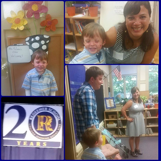 A collage of four photos shows a young boy meeting his kindergarten teacher. In the top left photo, the boy is posing in front of a door decorated with paper flowers. In the top right photo, he's standing next to his teacher and smiling. In the bottom right photo, he appears to be standing at the front of the classroom holding his dad's hand as the teacher stands nearby smiling. The bottom left photo shows a banner celebrating the school's 20th anniversary.