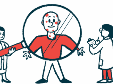 This case study illustration shows one healthcare provider holding a giant magnifying glass in front of a patient while another takes notes on a clipboard.