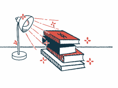 An illustration shows a stack of books on a table with a desk lamp shining on them.