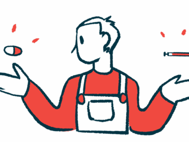 This is an illustration of a person choosing between two medicines, one in each hand.