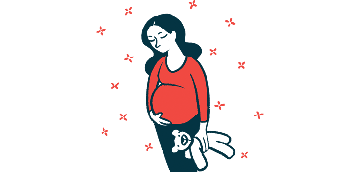 A pregnant woman cradles her belly with one hand while holding a teddy bear in the other.