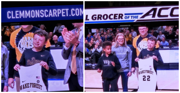 At left, a boy in a blue sweatshirt holds up a white Wake Forest basketball jersey about chest high; a man in a tie, his head not visible, is cheering at right, and blue banner reading "CLEMMONSCARPET.COM" is above them and what appear to be people in the stands. At right, we see a similar shot of the boy with the jersey, but this time a man and woman, both wearing glasses, are behind him and another young boy, in a blue Wake Forest sweatshirt, is at his left. This time we see part of a banner reading "... GROCER OF THE ACC" with people in the stands behind them all.