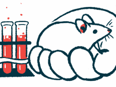 An oversized human hand holds a mouse alongside a rack with three filled vials in a laboratory.