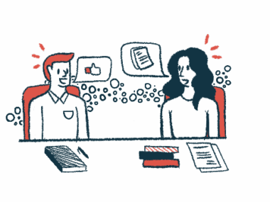 Speech bubbles depict an ongoing conversation between two people seated next to each other at a table, with notebooks and documents in front of them.