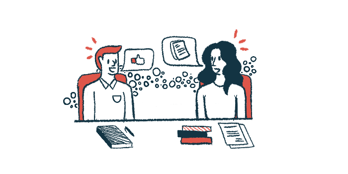 Speech bubbles depict an ongoing conversation between two people seated next to each other at a table, with notebooks and documents in front of them.
