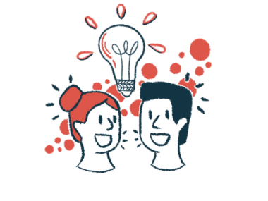 A giant light bulb is seen popping up between the heads of two people.