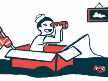 A child wearing a sailor's cap uses a cardboard box and a telescope to pretend he is fishing from a boat.