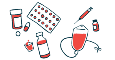 A variety of medication types, including pills, vials, and a syringe, float on a checkered background.