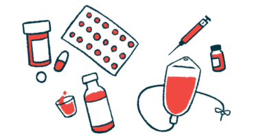 A variety of medication types, including pills, vials, and a syringe, float on a checkered background.