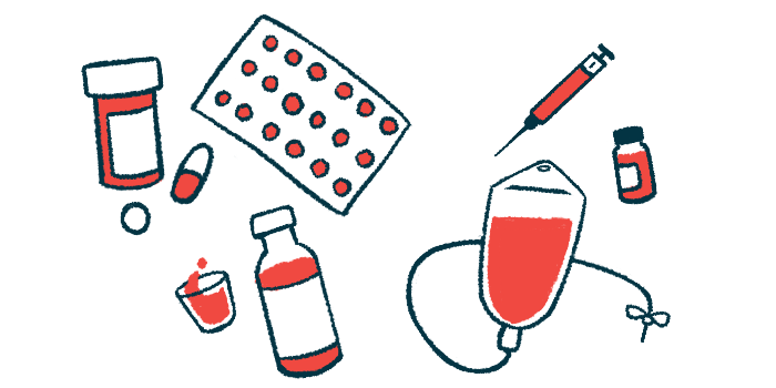 A variety of medication types, including pills, vials, and a syringe, float on a checkered background.