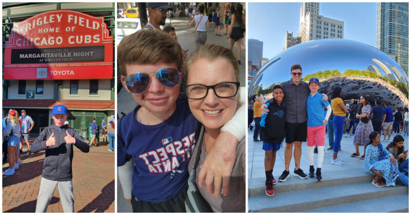 Three images. At left, a boy stands and gives a two thumbs-up sign under the red "Wrigley Field Home of the Chicago Cubs" sign. He wears gray pants, a long-sleeve black shirt, and a blue cap. At center, a boy in sunglasses with his arm around a blond woman who's wearing glasses. At right, in a street pose, a man in sunglasses and dark brown shorts and shirt has his arms around two boys. The one on the left is Black and wears a dark T-shirt and blue shorts; the boy on the right wears a blue shirt with a white undergarment visible at the sleeves, and pink shorts. 