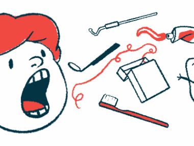 A person has their mouth open, with dental instruments floating in front of their face.