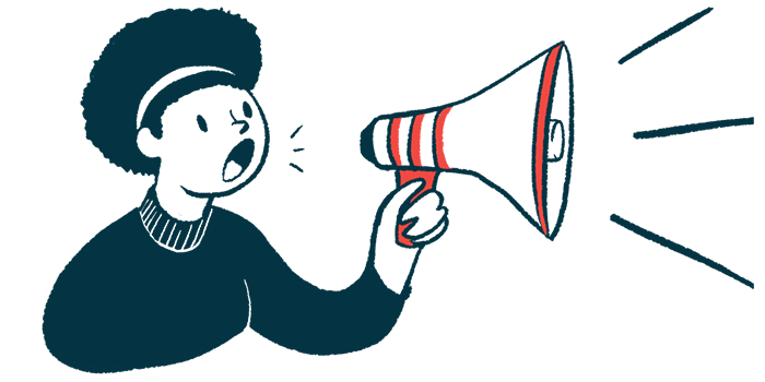 A person speaks into a megaphone.