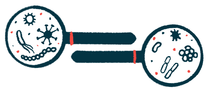 Two magnifying glasses, facing opposite directions, show a variety of different types of bacteria under their lenses.