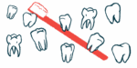 Several teeth of different shapes and sizes float in front of a large red toothbrush