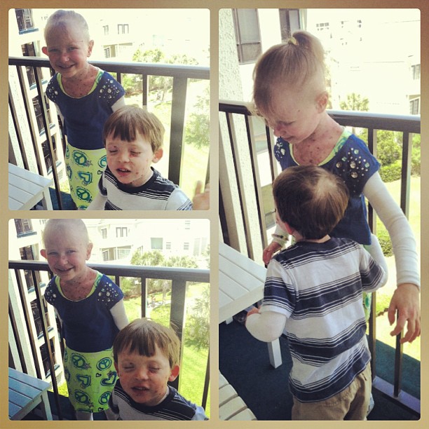A collage of three photos — two on the left stacked vertically and one on the right — shows a young boy and girl in various typical kid poses on a balcony. 