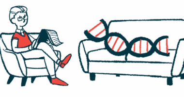 A therapist in an armchair takes notes while a strand of DNA lies on a couch, in an illustration for gene therapy.