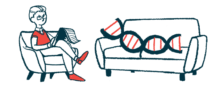 A therapist in an armchair takes notes while a strand of DNA lies on a couch, in an illustration for gene therapy.