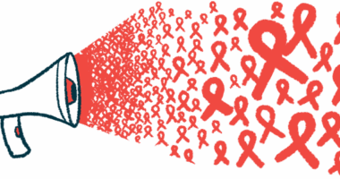 Dozens of red awareness ribbons are seen coming from a megaphone cone.