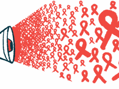Dozens of red awareness ribbons are seen coming from a megaphone cone.