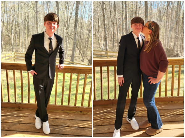 A teenaged boy smiles confidently while looking dapper in a black suit with a black tie, white dress shirt, and white sneakers. He's standing on a wooden deck with trees in the background, has his legs crossed, and his right hand in his pocket. It's a two-photo collage, so the second photo, to the right, shows a woman (his mom) kissing him on the cheek. 